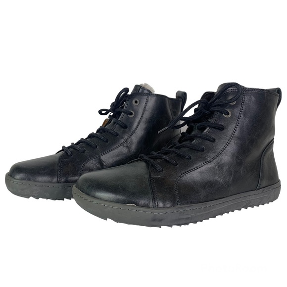 New VTG Birkenstock Mens Black Leather Fur-Lined Combat Boots Size 9 - Picture 1 of 7